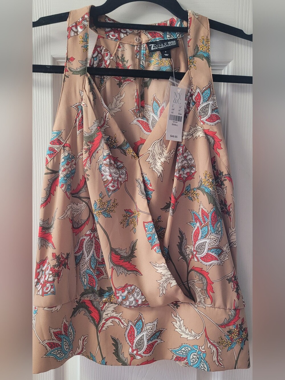 New York & Company Beige Paisley Top with Coral & Teal Accents
